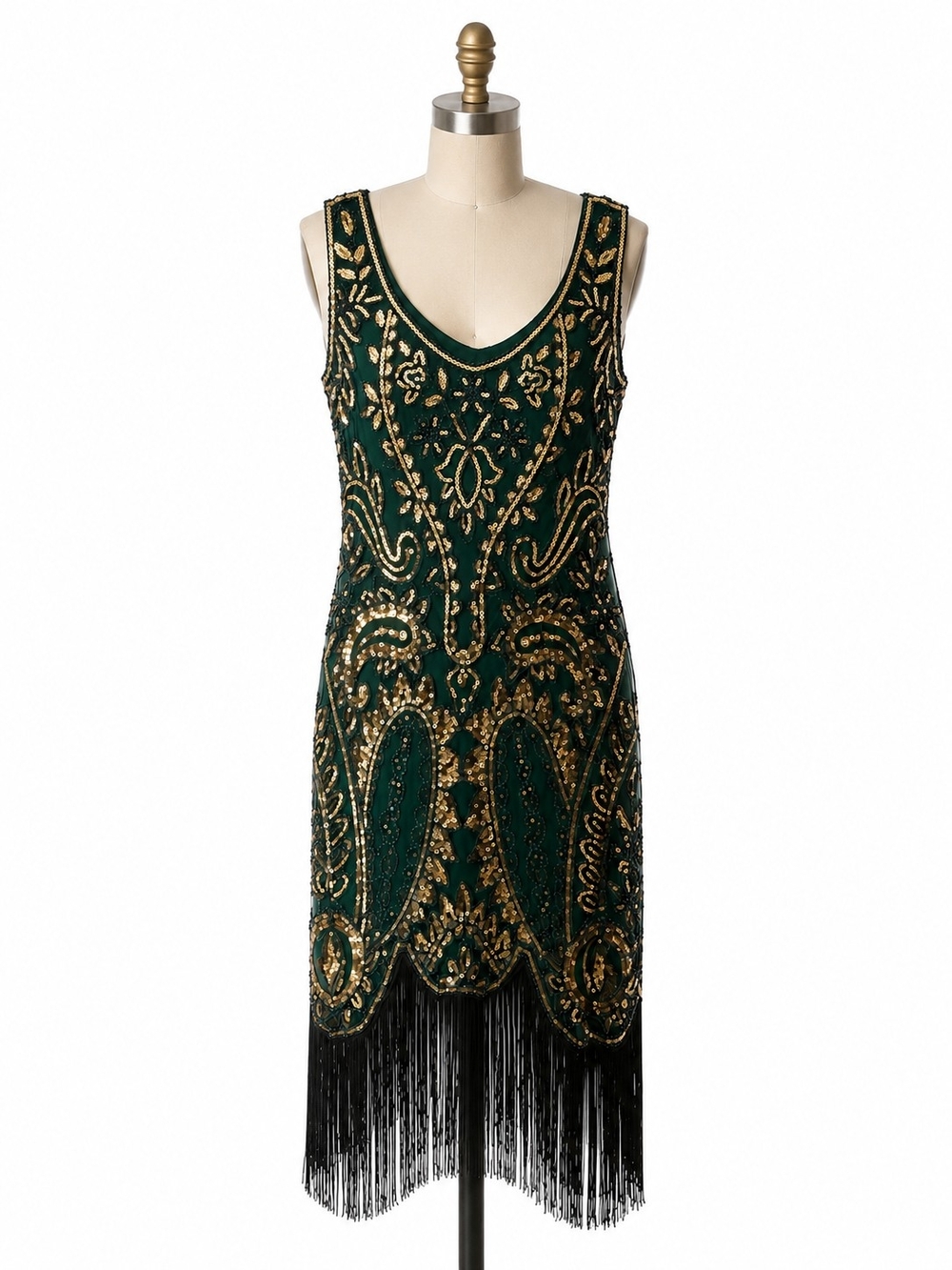 Green Beaded Fringe Midi Dress with Gold Sequince
